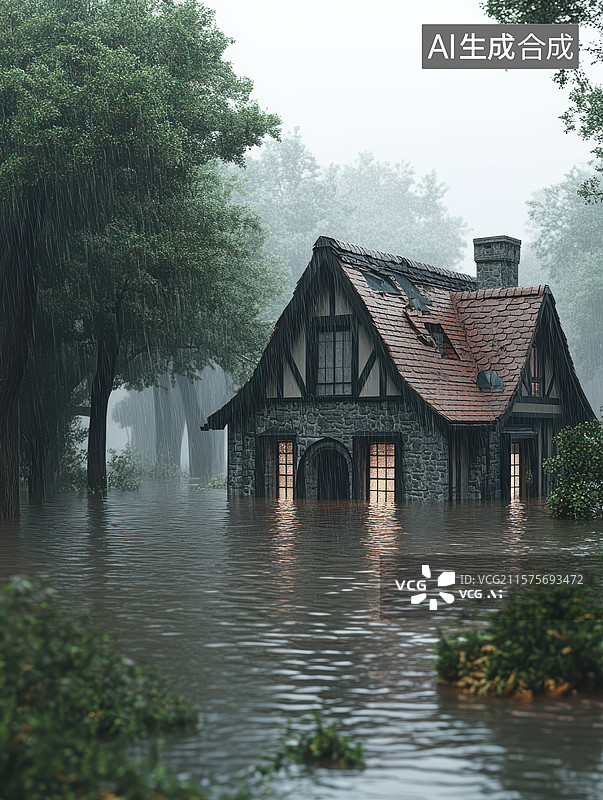 【AI数字艺术】洪水中的石砌小屋图片素材