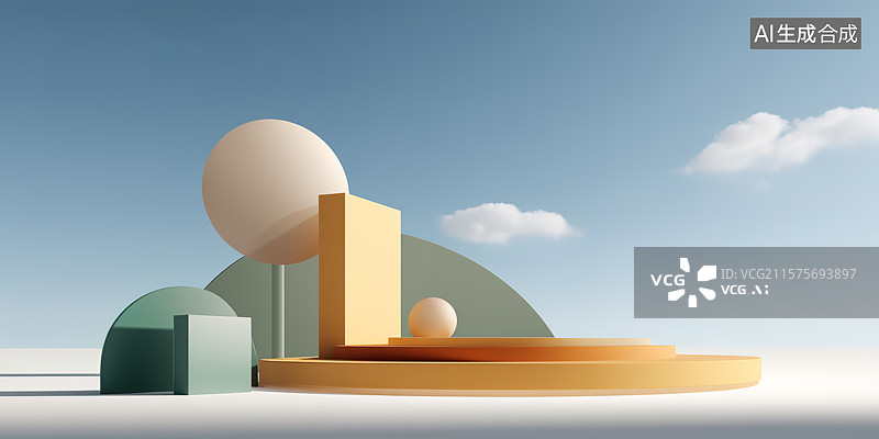 【AI数字艺术】简约黄绿配色三维立体几何模型人造空间产品展台图片素材