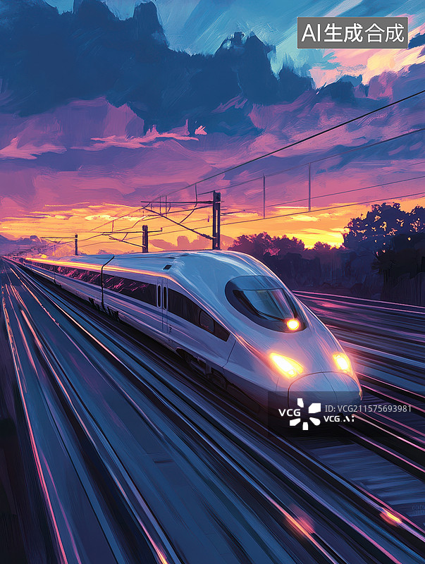 【AI数字艺术】高速列车在夕阳下疾驰图片素材