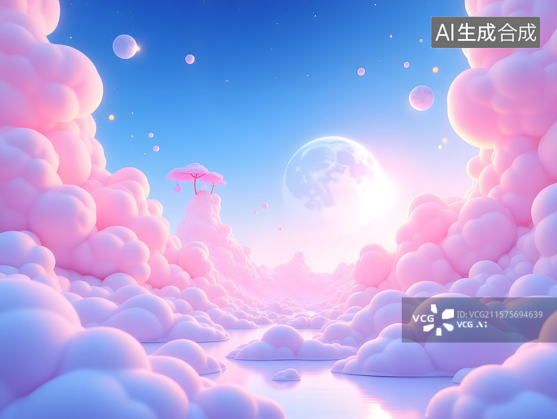 【AI数字艺术】梦幻的云彩和月亮3D场景插画图片素材