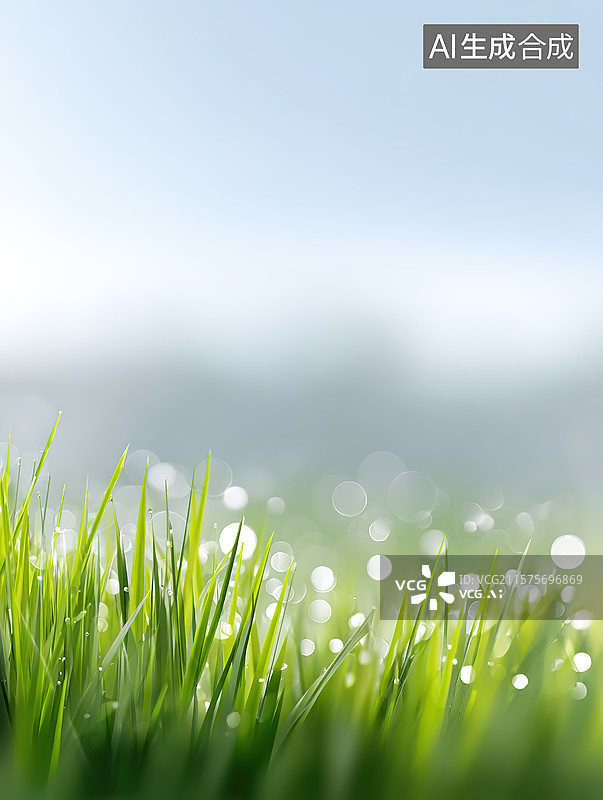 【AI数字艺术】夏季阳光下的草坪露珠特写清新风插画图片素材