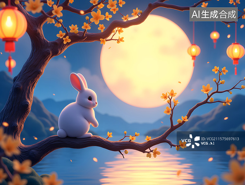 【AI数字艺术】中秋节的可爱玉兔场景插画图片素材