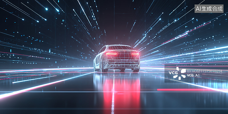 【AI数字艺术】发光人造空间行驶的电动汽车科技风插画图片素材