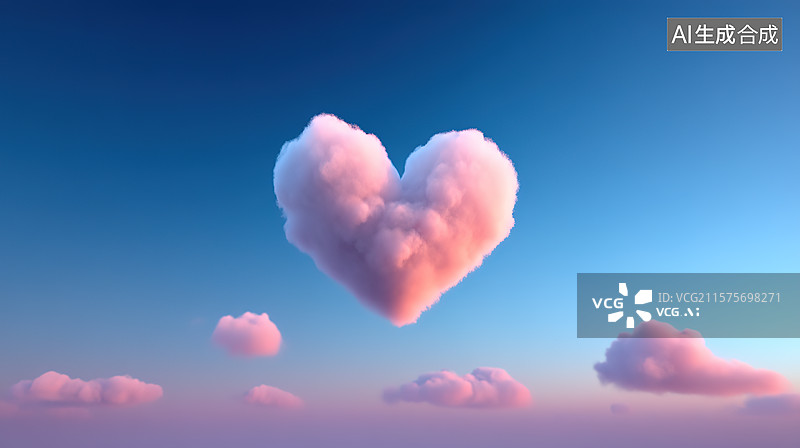 【AI数字艺术】蓝天中一朵爱心形状的云可爱风插画图片素材