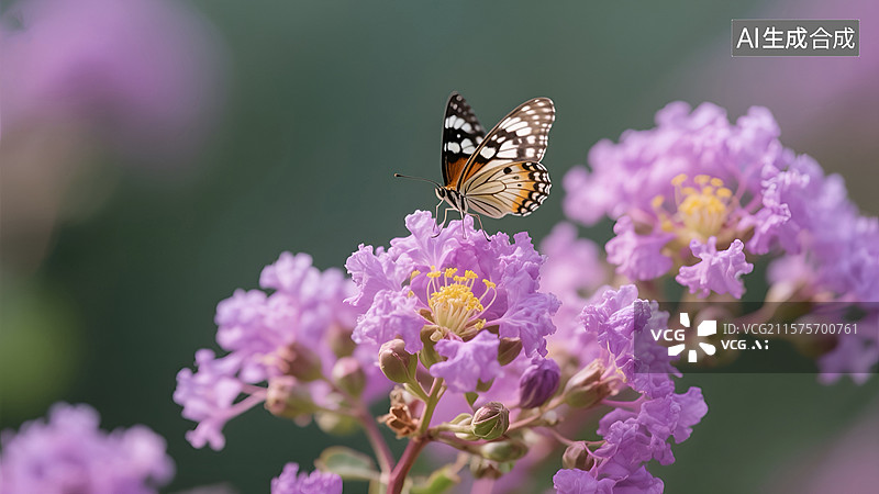 【AI数字艺术】蝴蝶停留在紫薇花上的画面图片素材