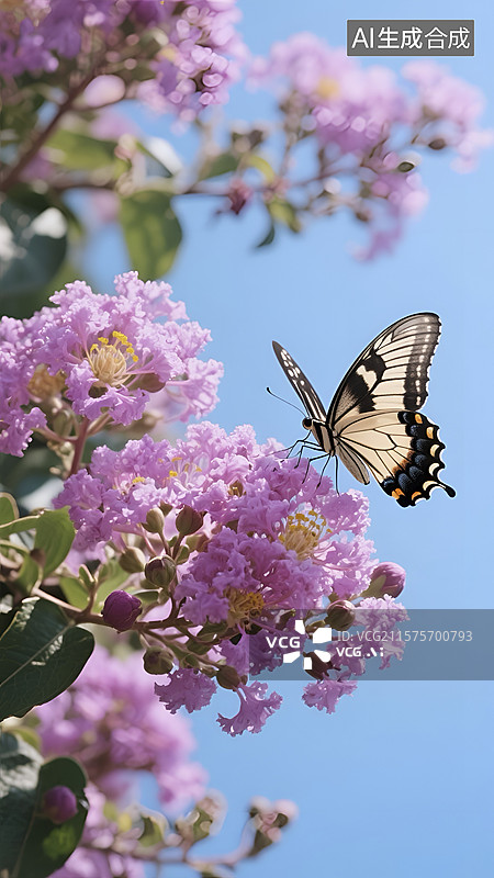 【AI数字艺术】蝴蝶停留在紫薇花上的画面图片素材