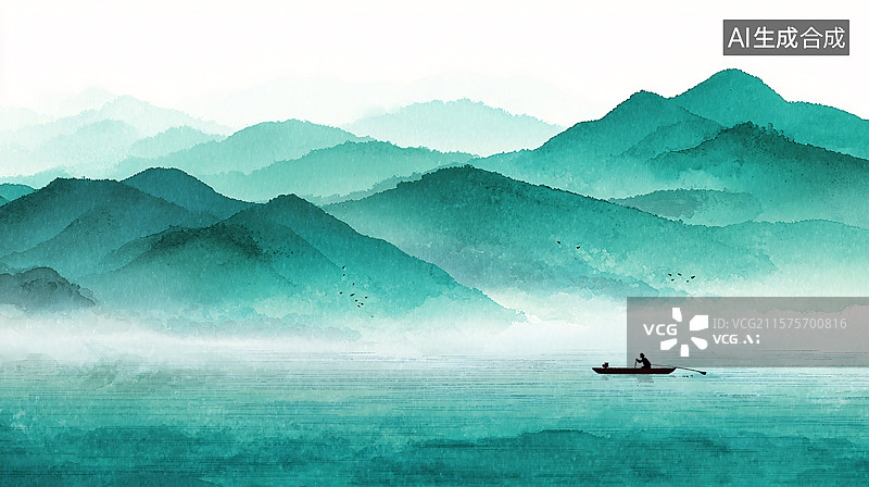 【AI数字艺术】烟波浩渺的山水画卷图片素材