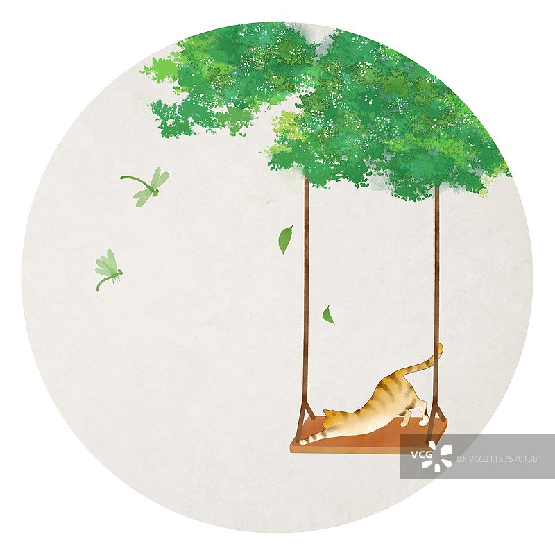 圆形中式插画猫树秋千图片素材