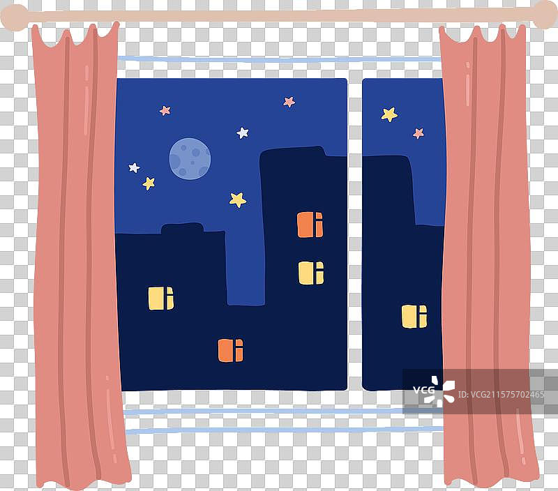 窗户上挂着窗帘，夜晚的城市景色图片素材