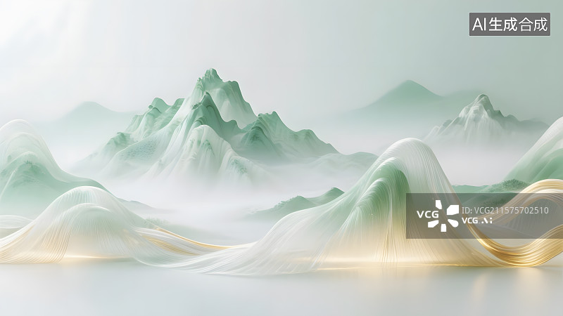 【AI数字艺术】绿白金色渐变山水画图片素材