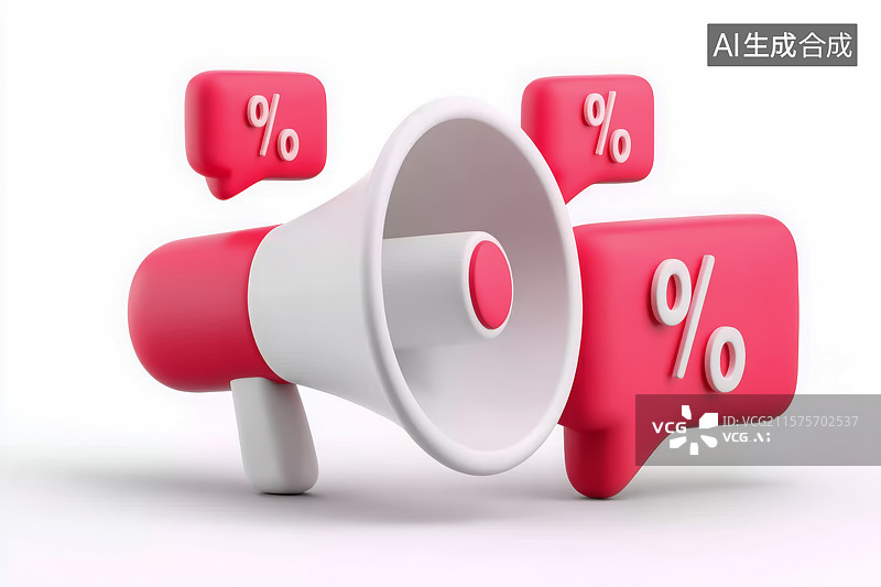 【AI数字艺术】红色百分比扩音器喇叭，销售促销打折概念图片素材