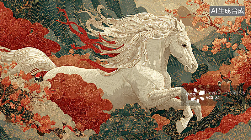 【AI数字艺术】国潮风，山谷中的祥云，一匹白马插画图片素材