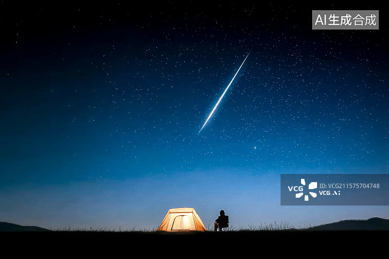 【AI数字艺术】星空下，旅行者在山上露营的剪影图片素材