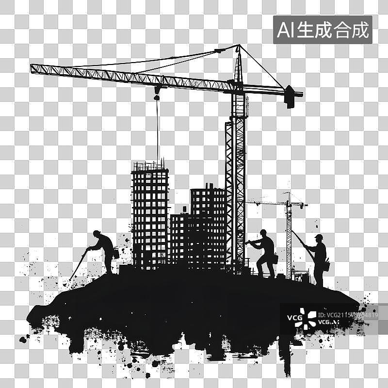 【AI数字艺术】起重机建筑工地施工剪影，房地产，建筑业图片素材