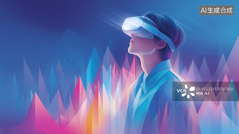 【AI数字艺术】虚拟现实科技主题背景——一个戴着VR眼镜的人在探索未知图片素材