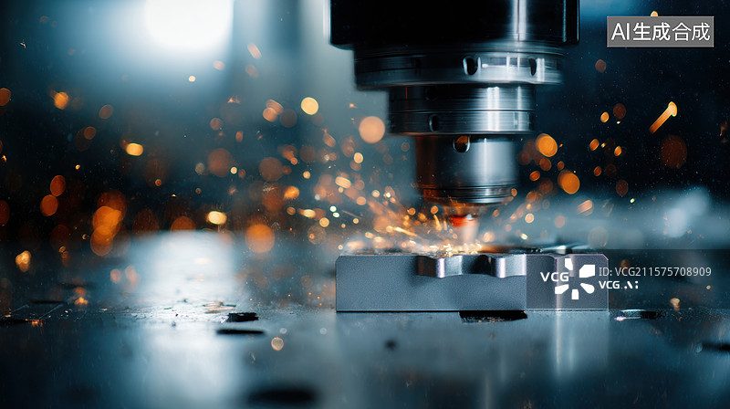 【AI数字艺术】精密机床加工金属，火花四溅图片素材
