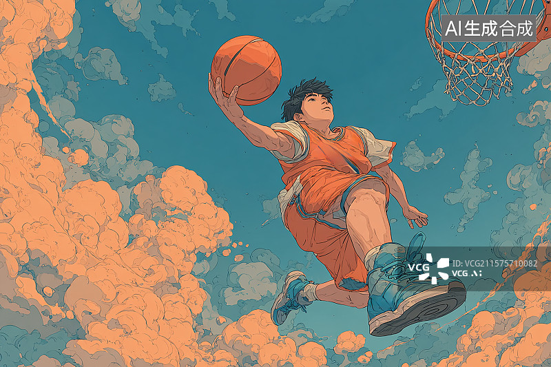 【AI数字艺术】穿着运动服的篮球运动员跳起扣篮插画图片素材