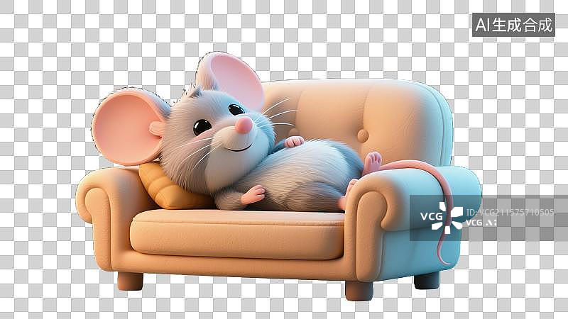 【AI数字艺术】可爱老鼠在彩色沙发上休息儿童故事书3D卡通插画童话般奇幻场景宠物生活方式杂志和图书封面设计透明元素图片素材