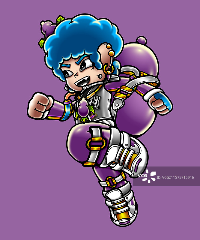 潮玩机械风蓝发葫芦卡通角色动态插画图片素材