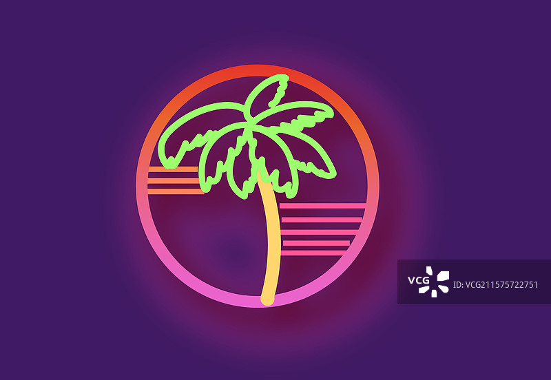紫色调霓虹灯灯光装饰椰子树招牌矢量插画图片素材