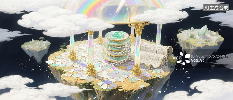 【AI数字艺术】云端宝库：彩虹与卷轴的奇幻场景图片素材