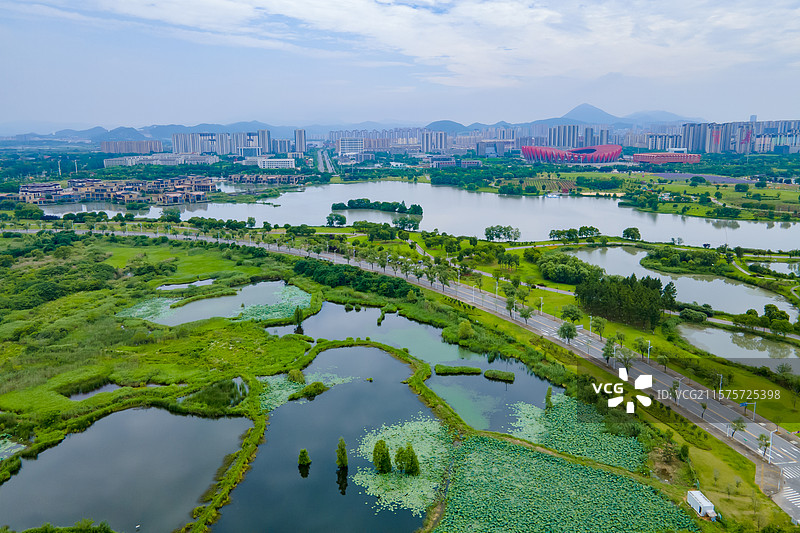 航拍安徽省铜陵市铜陵西湖湿地公园风光图片素材