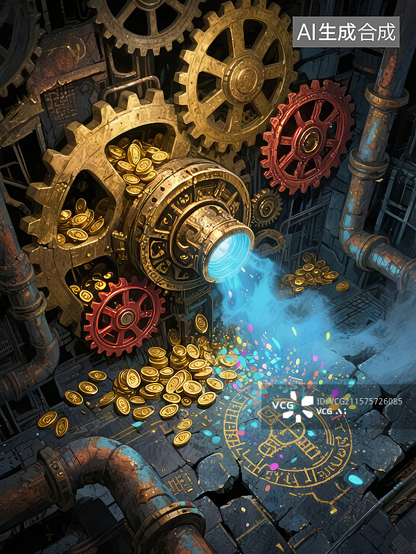 【AI数字艺术】蒸汽朋克机械装置与金币图片素材