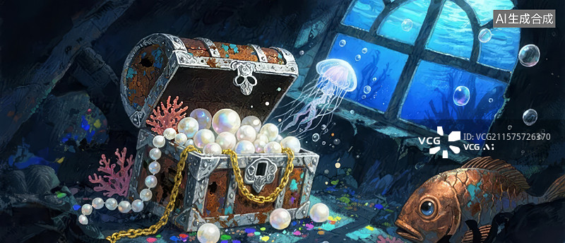 【AI数字艺术】海底宝藏箱与珊瑚鱼群图片素材