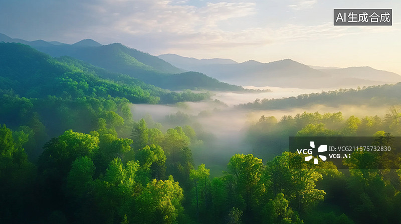 【AI数字艺术】清晨森林中的云雾风光图片素材