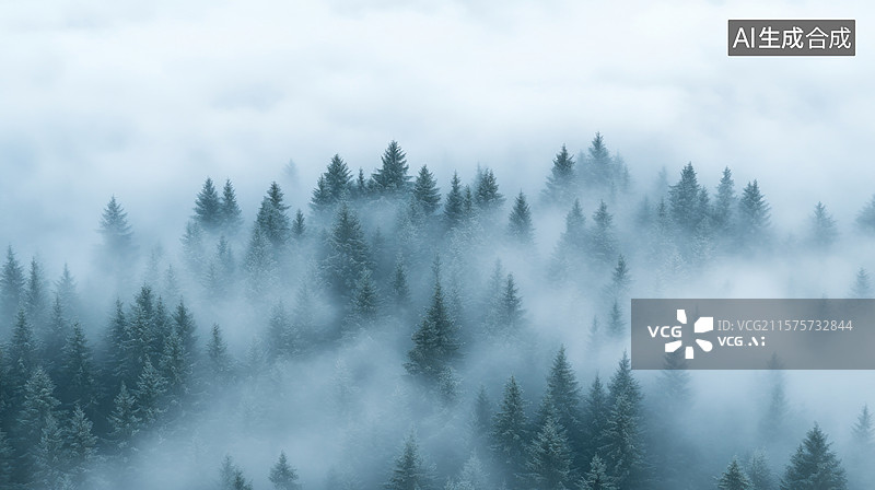 【AI数字艺术】清晨森林中的云雾风光图片素材