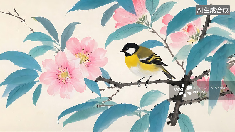 【AI数字艺术】春天桃花小鸟插画图片素材