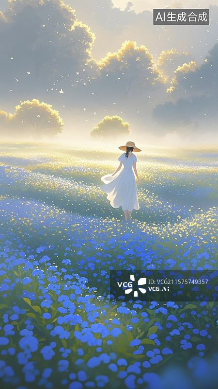 【AI数字艺术】清晨，无边无际的勿忘我花海，晨雾弥漫，丁达尔光影，一个白裙飘飘的草帽女子，唯美，朦胧，梦幻图片素材
