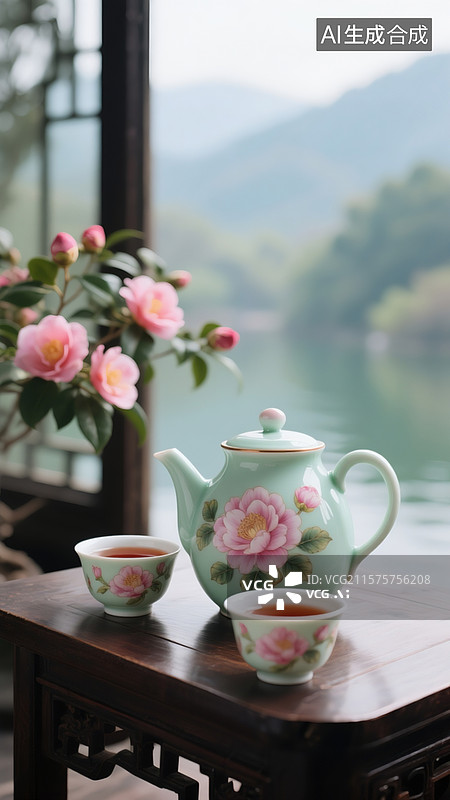 【AI数字艺术】一把浅绿色湖水般的粉彩西施壶，壶身上精心绘制着娇艳欲滴的山茶花，放置在一张古风桌子上，窗外山茶花娇艳图片素材