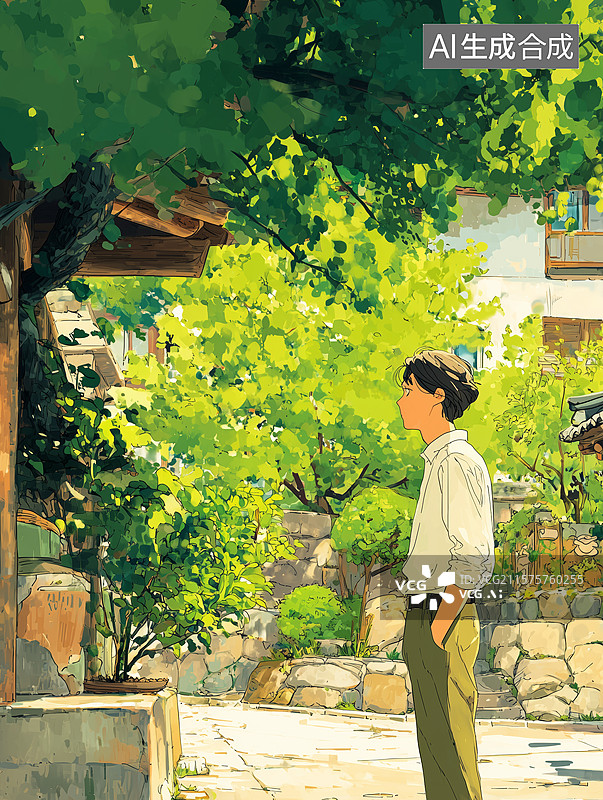 【AI数字艺术】夏日庭院中的沉思青年图片素材