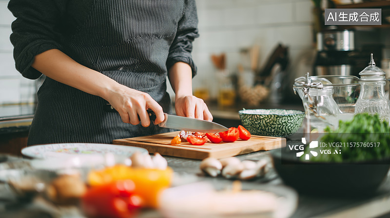 【AI数字艺术】厨房中切西红柿的场景图片素材