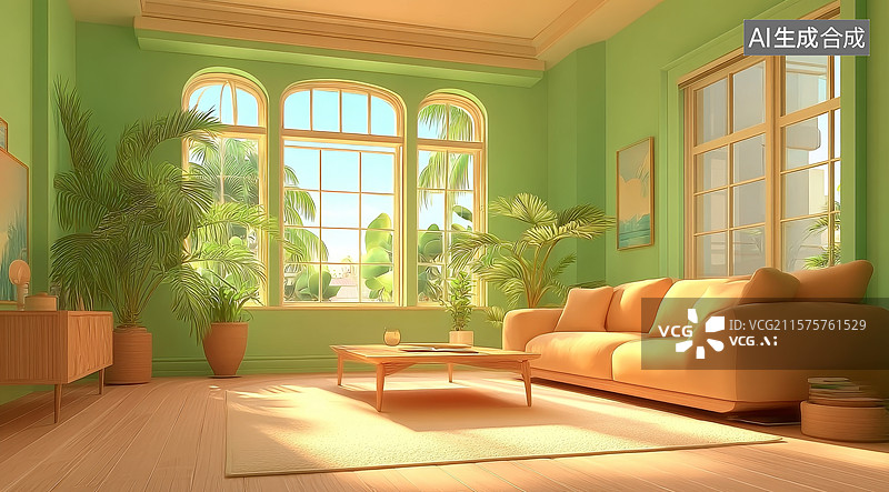 【AI数字艺术】明亮绿墙客厅，阳光透过大窗图片素材
