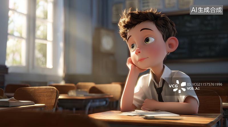 【AI数字艺术】教室里的沉思男孩图片素材