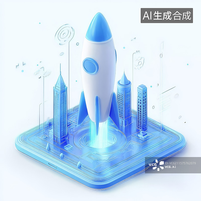 【AI数字艺术】科技城市中的火箭发射图片素材