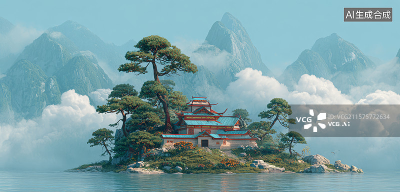 【AI数字艺术】云端孤岛仙境图片素材