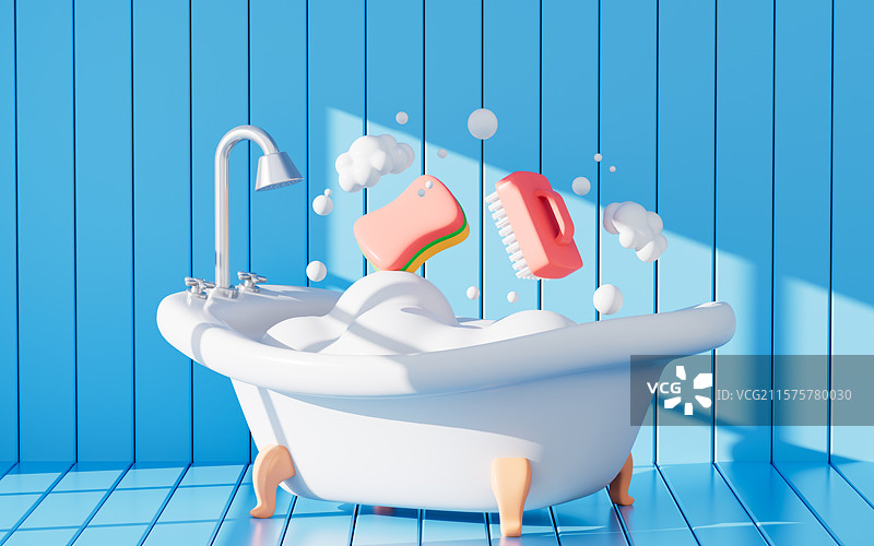 卡通室内带有浴缸的浴室3D渲染图片素材