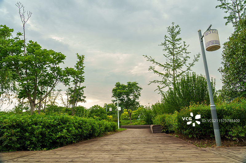公园里铺着木质地面，安装有仿古路灯的小路 景观设计图片素材