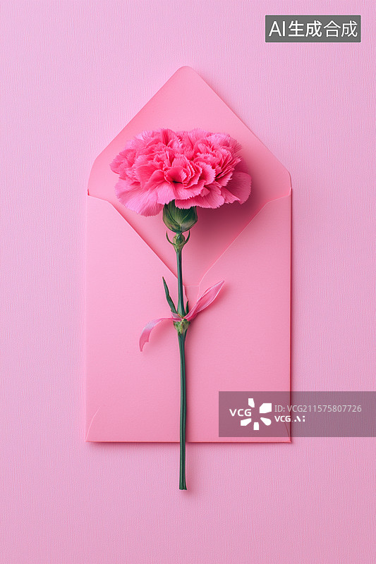 【AI数字艺术】粉色康乃馨与信封的温馨组合图片素材