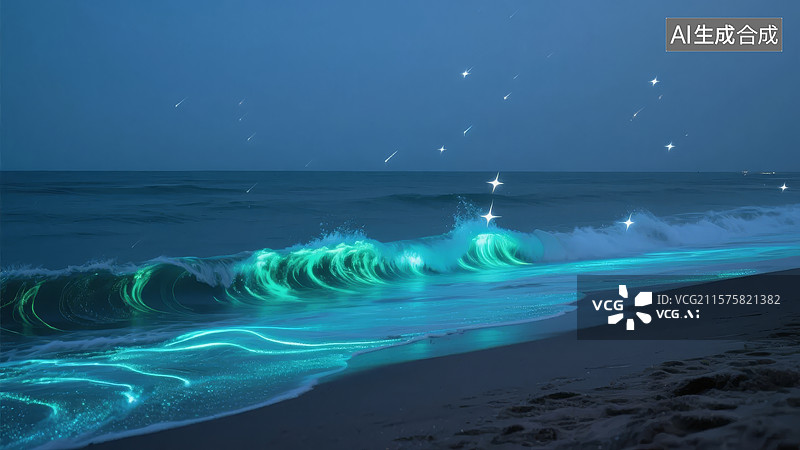 【AI数字艺术】夜幕下的荧光海浪图片素材