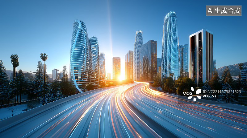 【AI数字艺术】现代城市中的高楼大厦与高速路图片素材