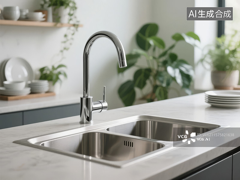 【AI数字艺术】现代厨房不锈钢水槽与植物装饰图片素材