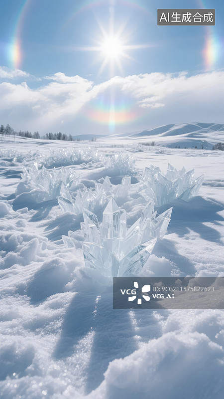 【AI数字艺术】雪地上的冰晶与阳光图片素材