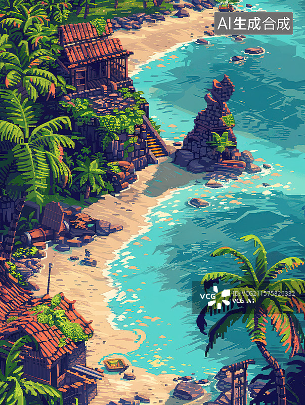 【AI数字艺术】海边像素风插画图片素材
