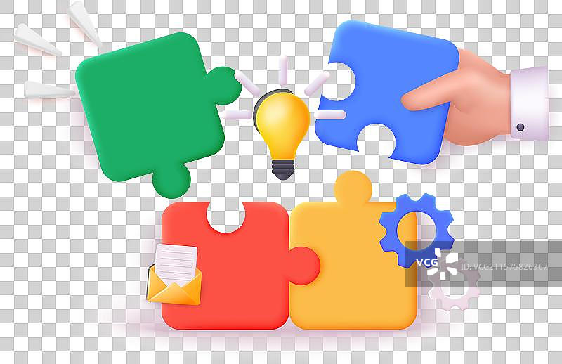 人类手握着五彩拼图块的团队图片素材