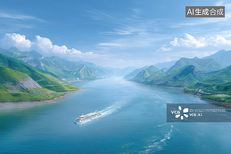 【AI数字艺术】青山绿水间航船生态画卷图片素材