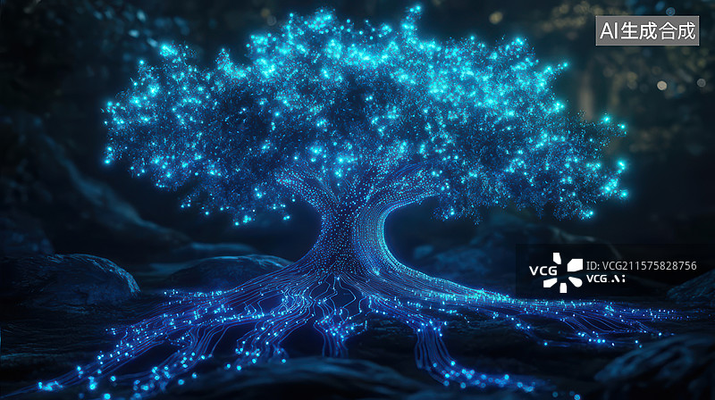 【AI数字艺术】蓝色发光树梦幻星空意境图图片素材